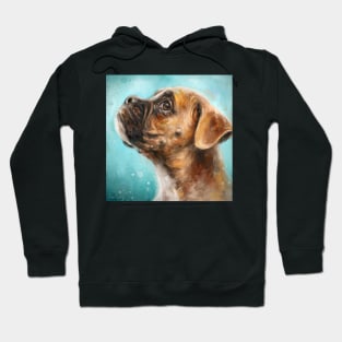 Painting of a Brown and White Boxer Dog on Green Background Hoodie